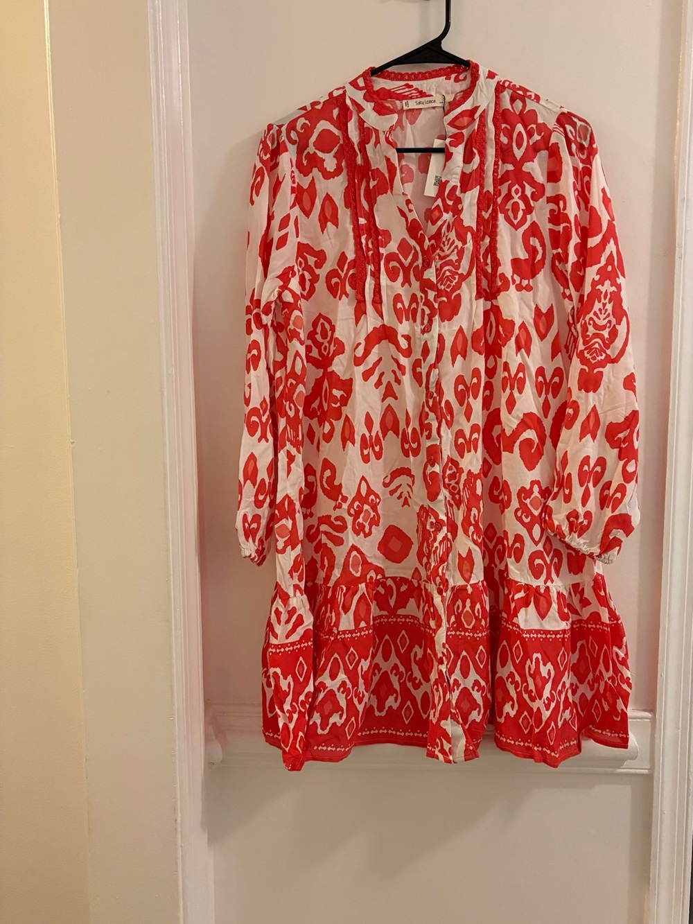 Red & White Printed Long Sleeve Tiered Dress